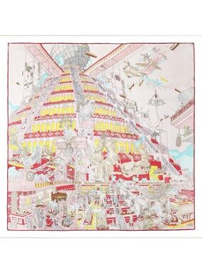 Silk-Inspired Red & Cream Illustrated Square Scarf 024
